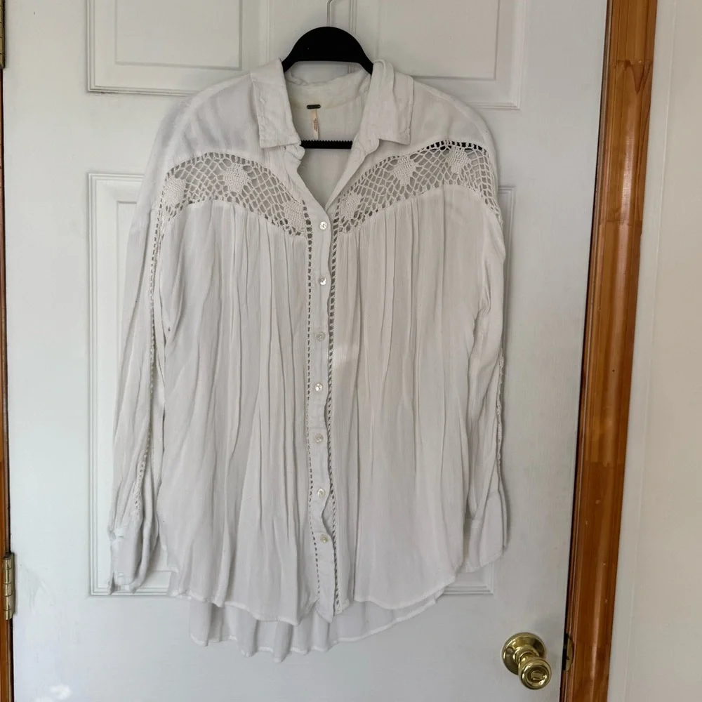 Free People Katie Bird White Button Down Shirt with Lace Accents - Picture 4 of 8